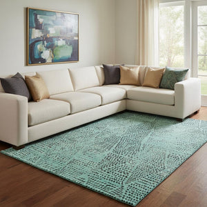 HomeRoots 9' X 12' Teal & Charcoal Diamond Washable Area Rug - Stain Resistant, UV Protected, Easy Care! 650619