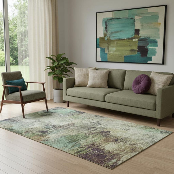 HomeRoots 5' X 8' Washable Beige, Teal & Olive Green Abstract Area Rug with UV Protection for Modern Homes 650628