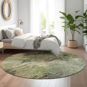 HomeRoots 8' Washable Abstract Round Rug in Beige, Teal & Olive Green - UV Protected, Stain-Resistant Design 650629