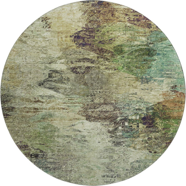 HomeRoots 8' Washable Abstract Round Rug in Beige, Teal & Olive Green - UV Protected, Stain-Resistant Design 650629