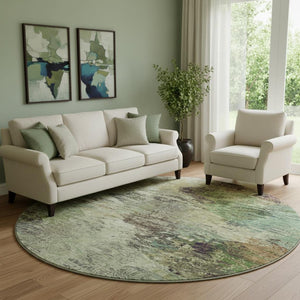 HomeRoots 8' Washable Abstract Round Rug in Beige, Teal & Olive Green - UV Protected, Stain-Resistant Design 650629
