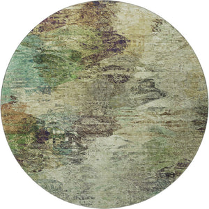 HomeRoots 8' Washable Abstract Round Rug in Beige, Teal & Olive Green - UV Protected, Stain-Resistant Design 650629