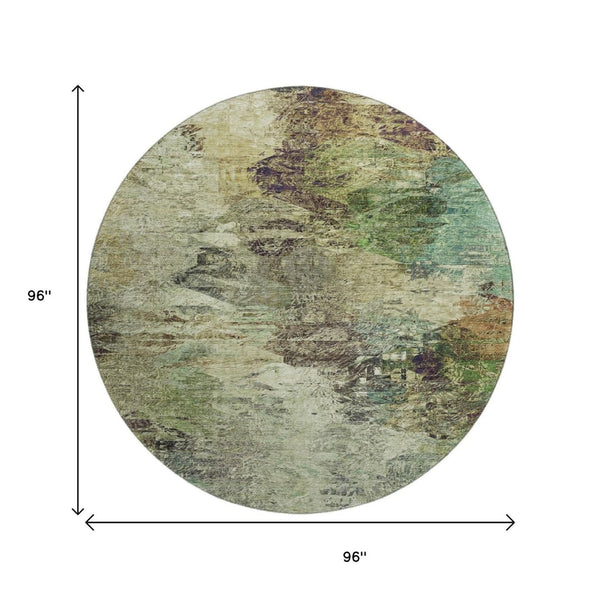 HomeRoots 8' Washable Abstract Round Rug in Beige, Teal & Olive Green - UV Protected, Stain-Resistant Design 650629