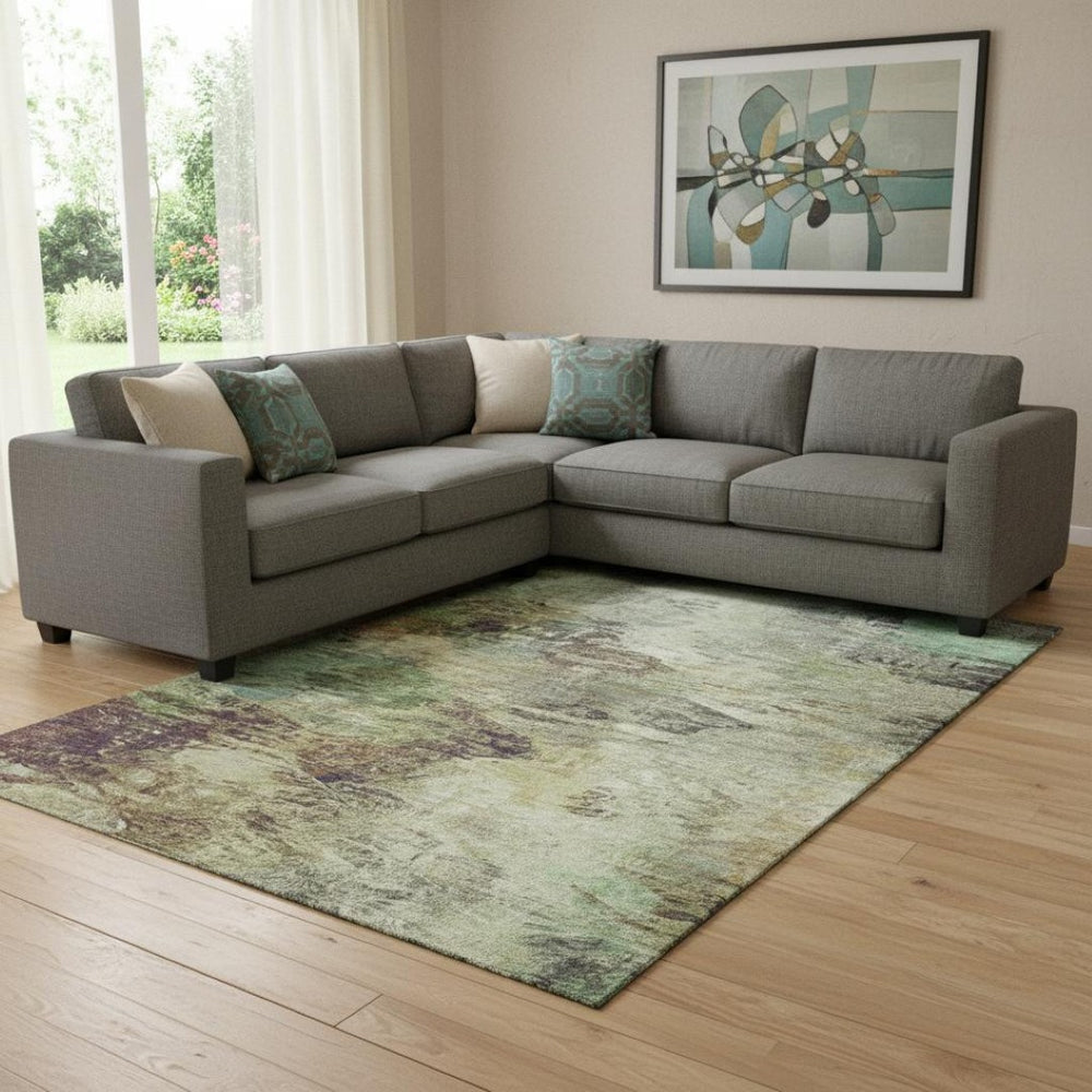 HomeRoots 8' X 10' Abstract Beige Teal Olive Green Washable Area Rug with UV Protection for Modern Homes 650630