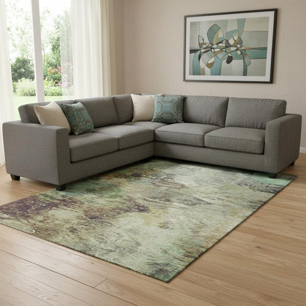 HomeRoots 8' X 10' Abstract Beige Teal Olive Green Washable Area Rug with UV Protection for Modern Homes 650630