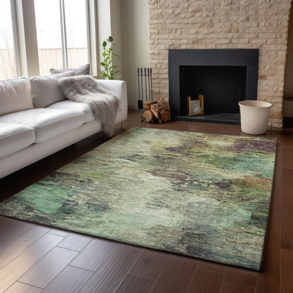 HomeRoots 8' X 10' Abstract Beige Teal Olive Green Washable Area Rug with UV Protection for Modern Homes 650630