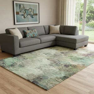 HomeRoots 9' X 12' Washable Beige Teal Olive Green Abstract Area Rug with UV Protection for Modern Homes 650631