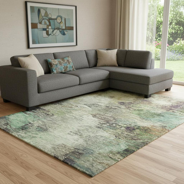 HomeRoots 9' X 12' Washable Beige Teal Olive Green Abstract Area Rug with UV Protection for Modern Homes 650631
