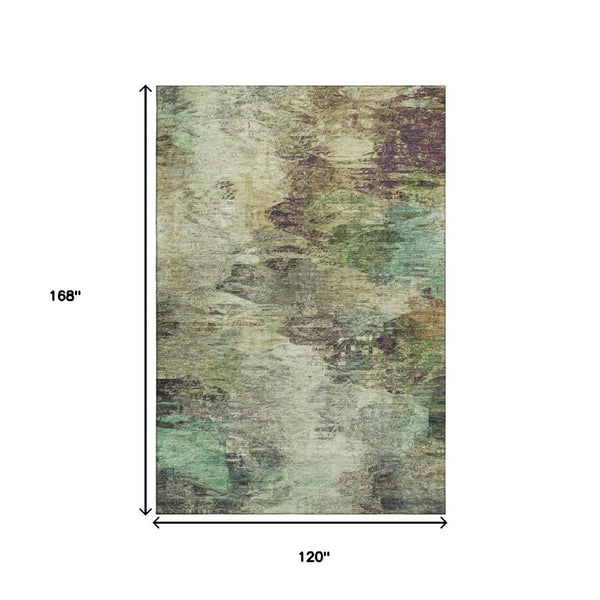HomeRoots 10' X 14' Beige, Teal & Olive Abstract Washable Area Rug – Stylish, Durable, UV Protected Design! 650632