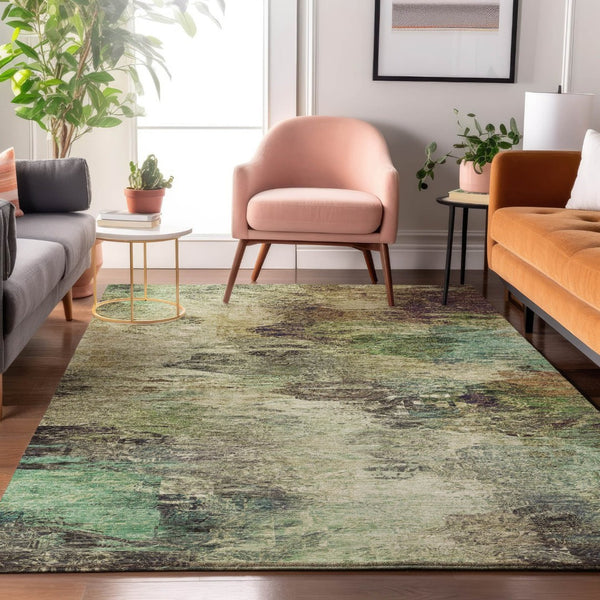 HomeRoots 10' X 14' Beige, Teal & Olive Abstract Washable Area Rug – Stylish, Durable, UV Protected Design! 650632