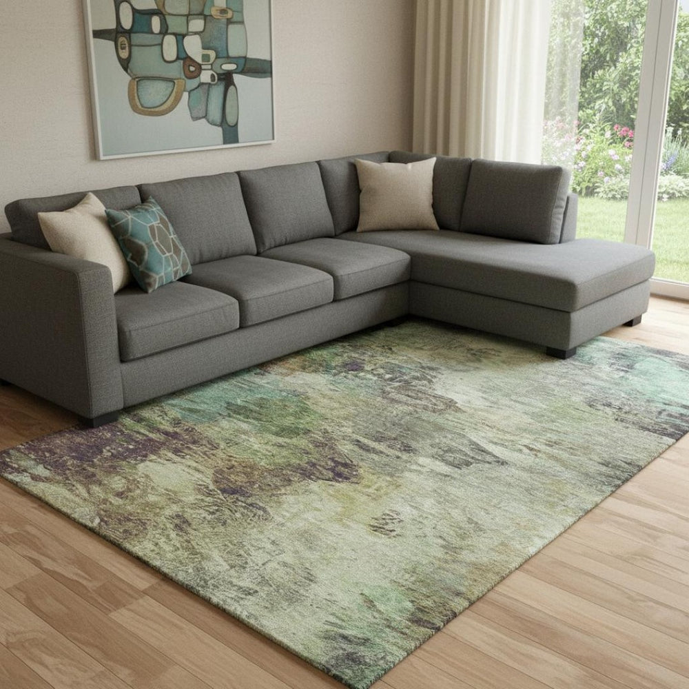 HomeRoots 10' X 14' Beige, Teal & Olive Abstract Washable Area Rug – Stylish, Durable, UV Protected Design! 650632