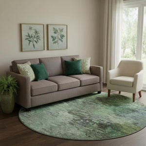 HomeRoots 8' Washable Round Area Rug with Abstract Green Brown Ivory Design & UV Protection for Durability 650635
