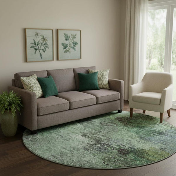 HomeRoots 8' Washable Round Area Rug with Abstract Green Brown Ivory Design & UV Protection for Durability 650635