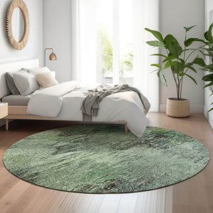 HomeRoots 8' Washable Round Area Rug with Abstract Green Brown Ivory Design & UV Protection for Durability 650635