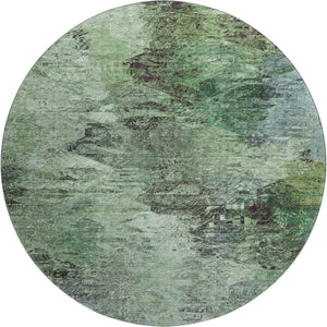 HomeRoots 8' Washable Round Area Rug with Abstract Green Brown Ivory Design & UV Protection for Durability 650635