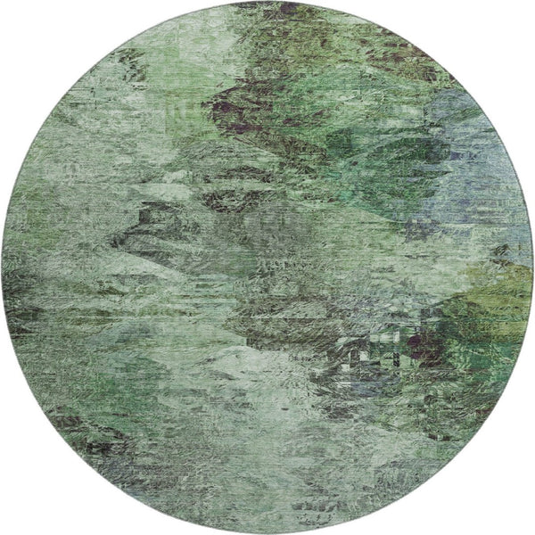 HomeRoots 8' Washable Round Area Rug with Abstract Green Brown Ivory Design & UV Protection for Durability 650635