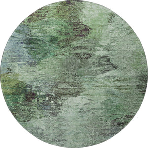 HomeRoots 8' Washable Round Area Rug with Abstract Green Brown Ivory Design & UV Protection for Durability 650635