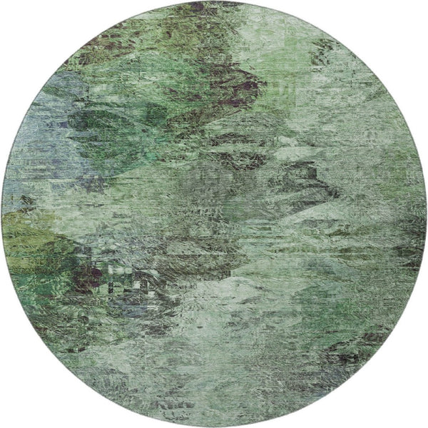 HomeRoots 8' Washable Round Area Rug with Abstract Green Brown Ivory Design & UV Protection for Durability 650635