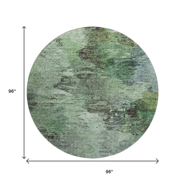 HomeRoots 8' Washable Round Area Rug with Abstract Green Brown Ivory Design & UV Protection for Durability 650635