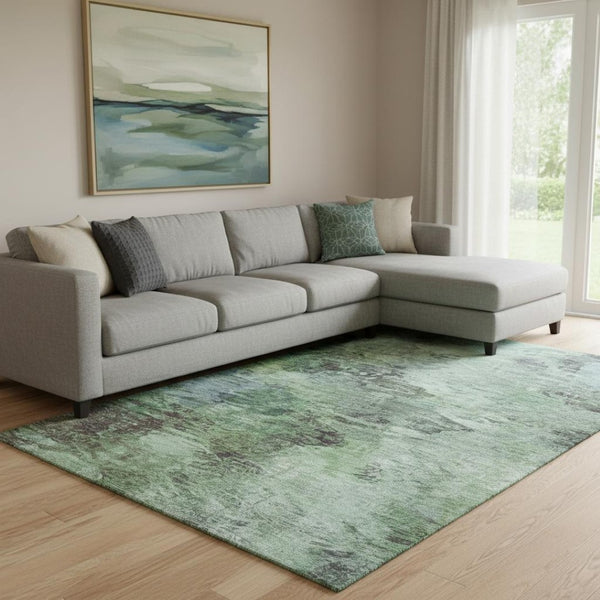 HomeRoots 8' X 10' Modern Green Brown Ivory Abstract Area Rug - Washable, UV Protected, Durable & Stylish! 650636