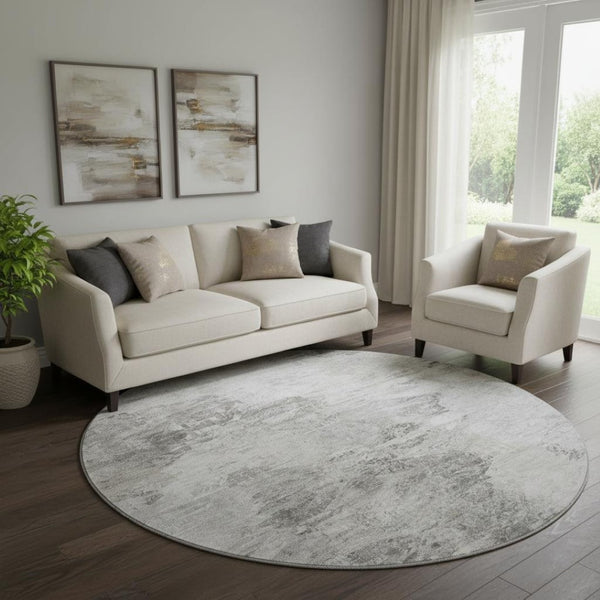HomeRoots 8' Silver and Gray Abstract Round Area Rug - Washable, Stain Resistant, UV Protected for Modern Homes 650641