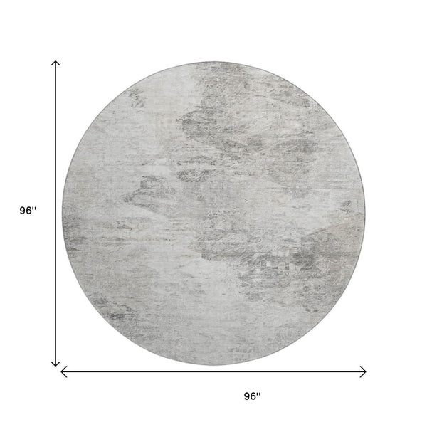 HomeRoots 8' Silver and Gray Abstract Round Area Rug - Washable, Stain Resistant, UV Protected for Modern Homes 650641