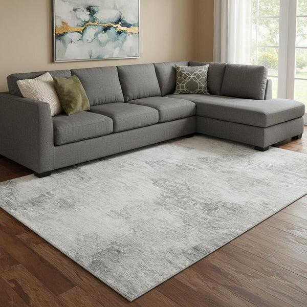 HomeRoots 9' X 12' Stylish Silver and Gray Abstract Washable Area Rug with UV Protection for High Traffic Areas 650643
