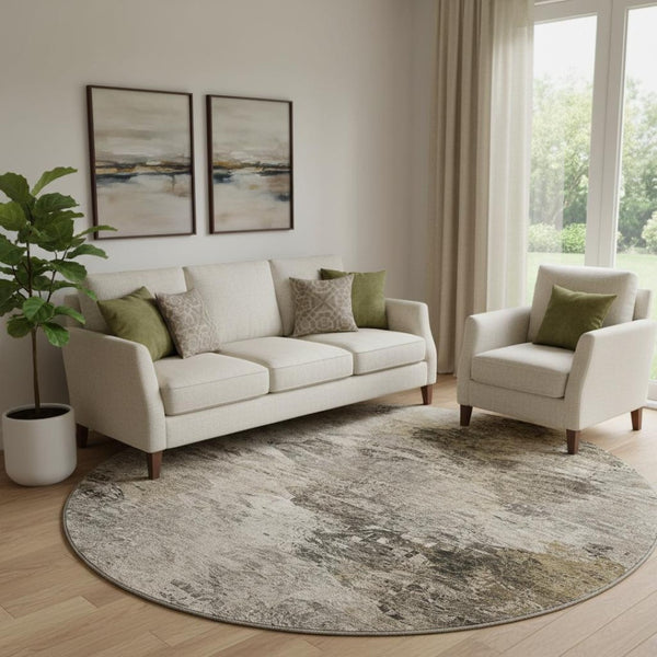 HomeRoots 8' Taupe and Gray Abstract Washable Round Rug – UV Protected, Stain Resistant for Modern Homes 650647