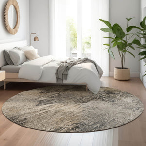 HomeRoots 8' Taupe and Gray Abstract Washable Round Rug – UV Protected, Stain Resistant for Modern Homes 650647