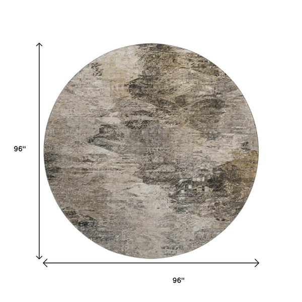 HomeRoots 8' Taupe and Gray Abstract Washable Round Rug – UV Protected, Stain Resistant for Modern Homes 650647