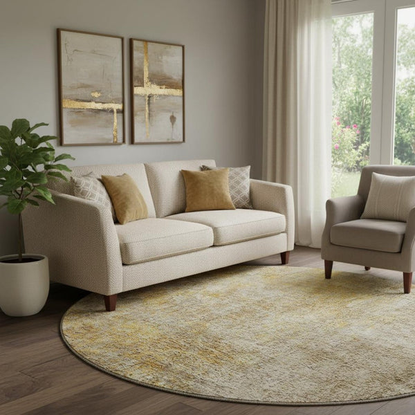 HomeRoots 8' Beige and Ivory Abstract Washable Round Rug – Durable, UV-Protected, Stylish for High-Traffic Areas 650653