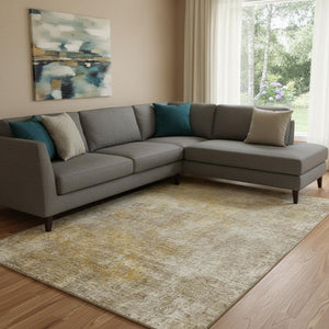 HomeRoots 9' X 12' Washable Beige and Ivory Abstract Area Rug with UV Protection for High-Traffic Spaces 650655