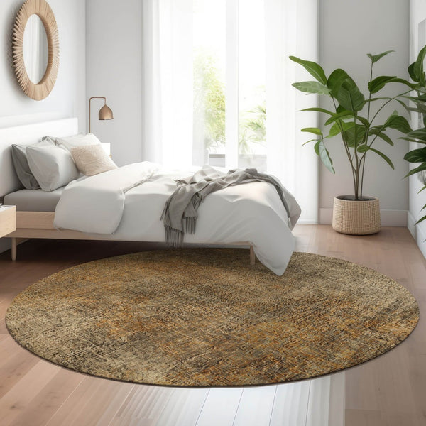 HomeRoots 8' Brown and Beige Abstract Washable Round Rug – Durable, Stylish, UV-Protected for Modern Living Spaces 650659