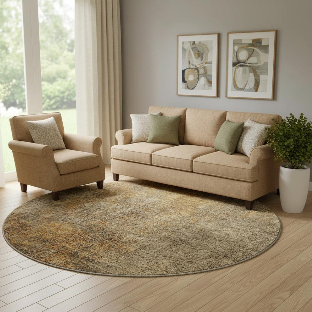 HomeRoots 8' Brown and Beige Abstract Washable Round Rug – Durable, Stylish, UV-Protected for Modern Living Spaces 650659