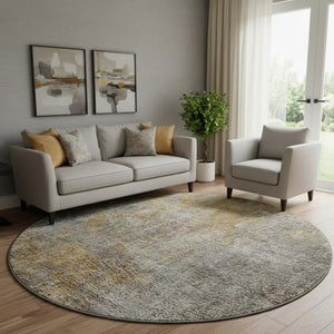 HomeRoots 8' Gray and Copper Abstract Round Washable Rug - UV Protected, Durable, Modern Design for Any Space 650665