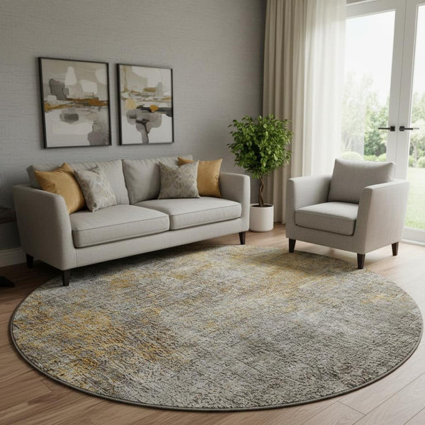 HomeRoots 8' Gray and Copper Abstract Round Washable Rug - UV Protected, Durable, Modern Design for Any Space 650665