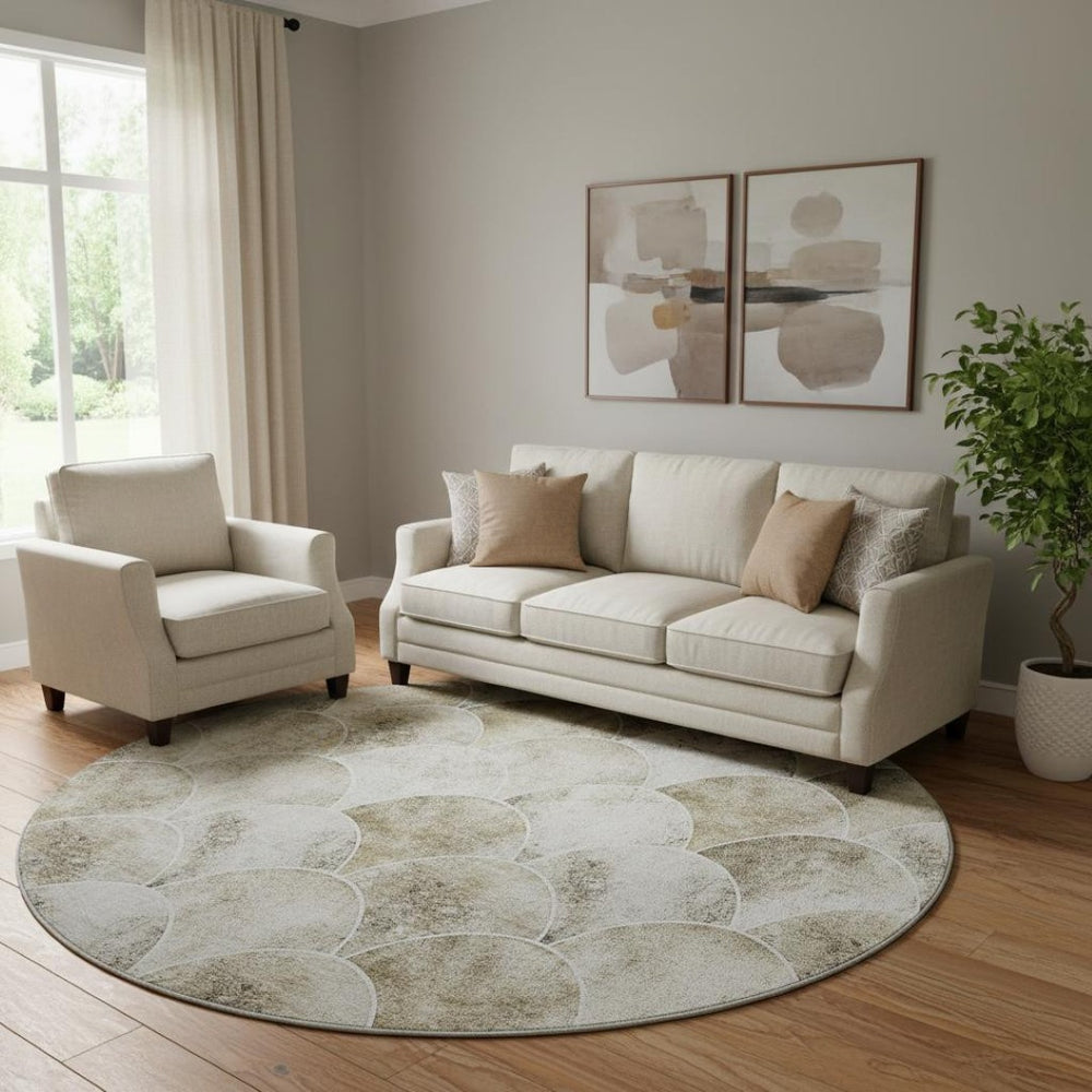 HomeRoots 8' Round Washable Rug in Beige Gray & Ivory - Stylish Abstract Design with UV Protection for Homes 650671