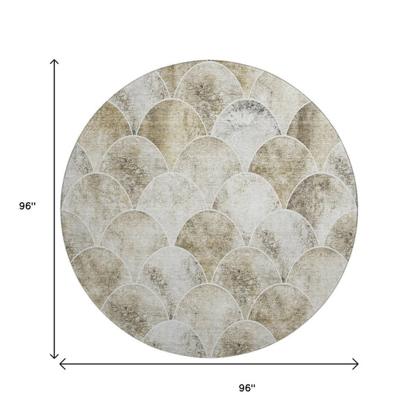 HomeRoots 8' Round Washable Rug in Beige Gray & Ivory - Stylish Abstract Design with UV Protection for Homes 650671