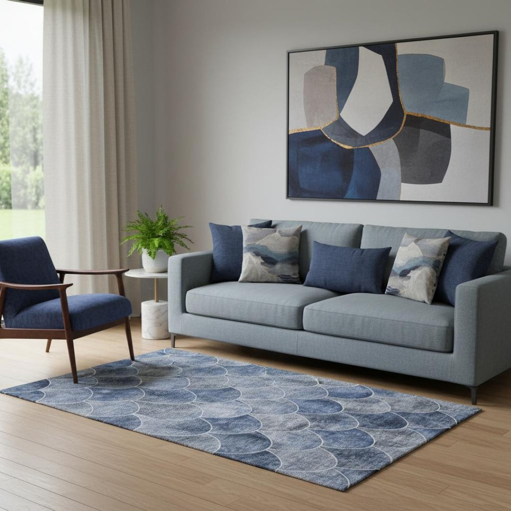 HomeRoots 5' Blue Gray and Ivory Abstract Geometric Washable Area Rug with UV Protection for Modern Spaces 650676