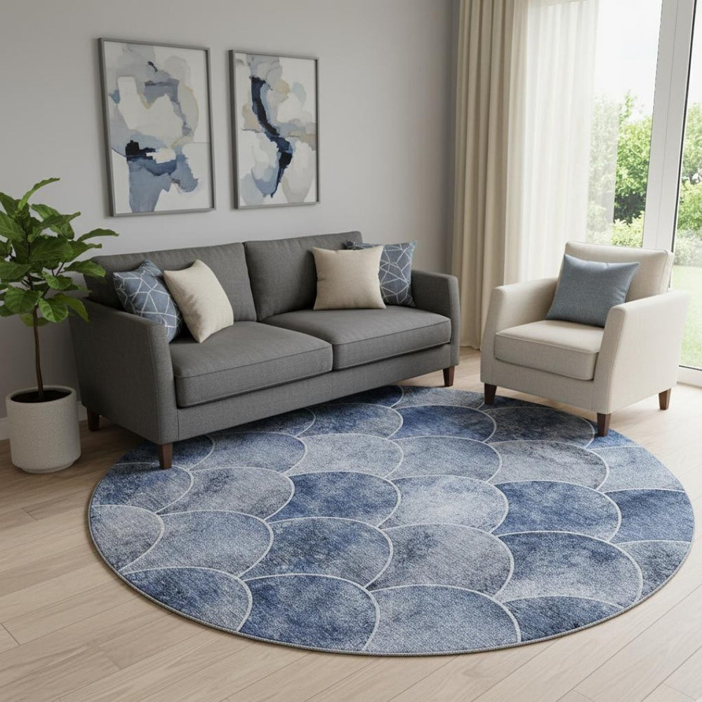 HomeRoots 8' Stylish Blue Gray & Ivory Abstract Round Rug – Washable, UV Protected, Perfect for Busy Homes! 650677