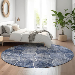 HomeRoots 8' Stylish Blue Gray & Ivory Abstract Round Rug – Washable, UV Protected, Perfect for Busy Homes! 650677