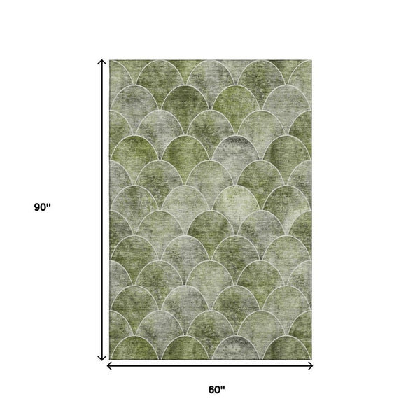 HomeRoots 5' X 8' Stylish Green Gray Ivory Abstract Geometric Washable Area Rug with UV Protection & Durability 650682