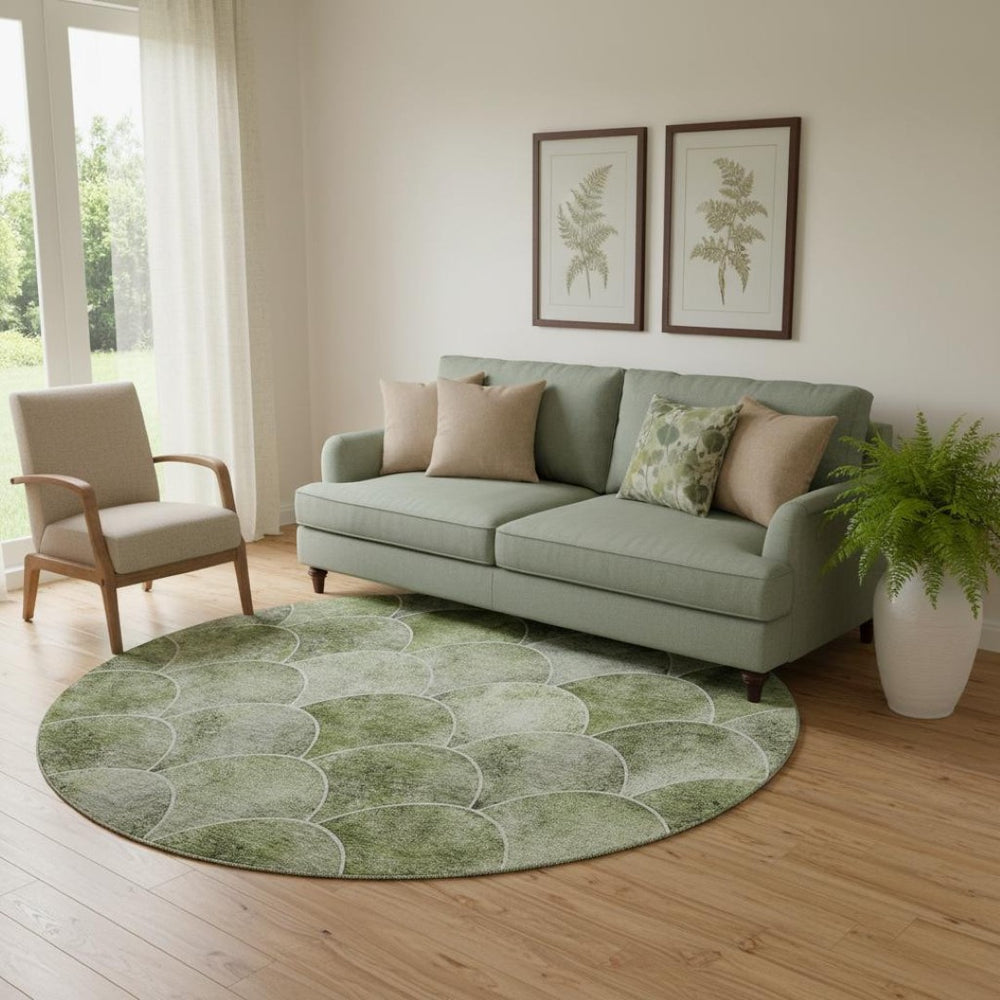 HomeRoots 8' Abstract Geometric Round Rug in Green, Gray & Ivory - Washable, UV-Protected & Stain-Resistant! 650683