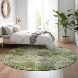 HomeRoots 8' Abstract Geometric Round Rug in Green, Gray & Ivory - Washable, UV-Protected & Stain-Resistant! 650683