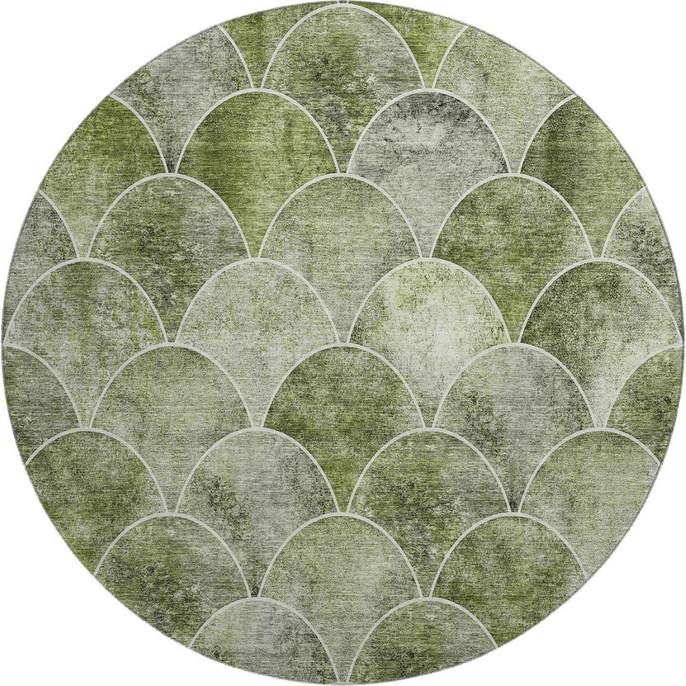 HomeRoots 8' Abstract Geometric Round Rug in Green, Gray & Ivory - Washable, UV-Protected & Stain-Resistant! 650683