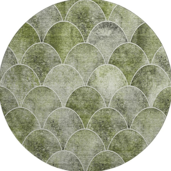 HomeRoots 8' Abstract Geometric Round Rug in Green, Gray & Ivory - Washable, UV-Protected & Stain-Resistant! 650683
