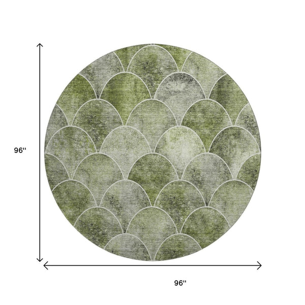 HomeRoots 8' Abstract Geometric Round Rug in Green, Gray & Ivory - Washable, UV-Protected & Stain-Resistant! 650683