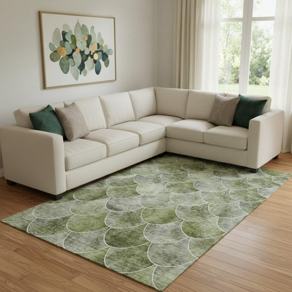 HomeRoots 8' X 10' Modern Green Gray Ivory Geometric Area Rug - Washable, Stain Resistant, UV Protected Decor 650684