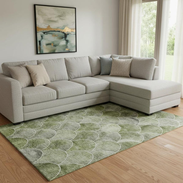 HomeRoots 9' X 12' Contemporary Washable Area Rug in Green, Gray & Ivory - Durable, UV Protected & Pet-Friendly! 650685