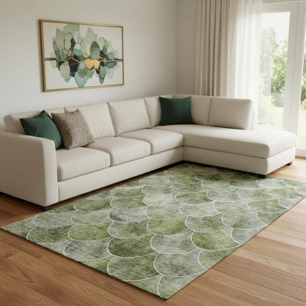 HomeRoots 10' X 14' Abstract Geometric Area Rug in Green, Gray & Ivory - Washable, UV Protected & Stain Resistant 650686